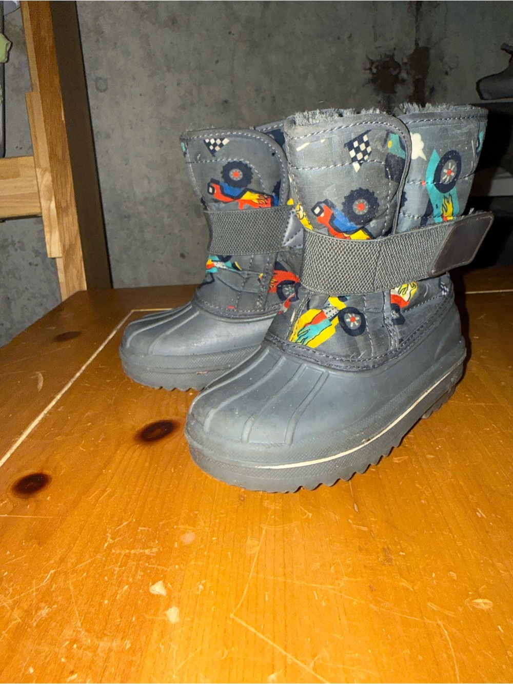 Kids Grey Winter Snow Boots with Colorful Car Print